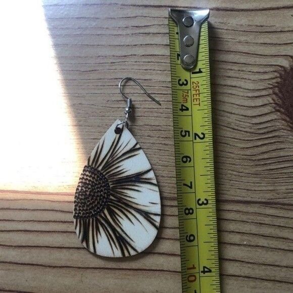 Sunflower Wood Burned Earrings Teardrop Dangle Boho Chic Lightweight - Picture 4 of 6